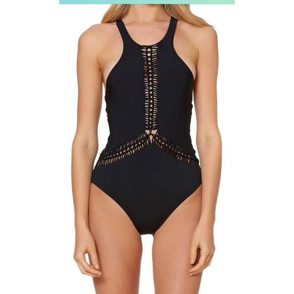 Red Carter Women's Size 10 Macrame High Neck One Piece Swimsuit Blue NWT - Picture 2 of 8